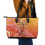 Personalized Suns Football Mascot Leather Tote Bag Aboriginal Dot Art Style Vibrant Indigenous Pattern Design