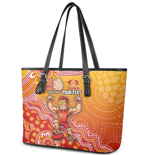 Personalized Suns Football Mascot Leather Tote Bag Aboriginal Dot Art Style Vibrant Indigenous Pattern Design
