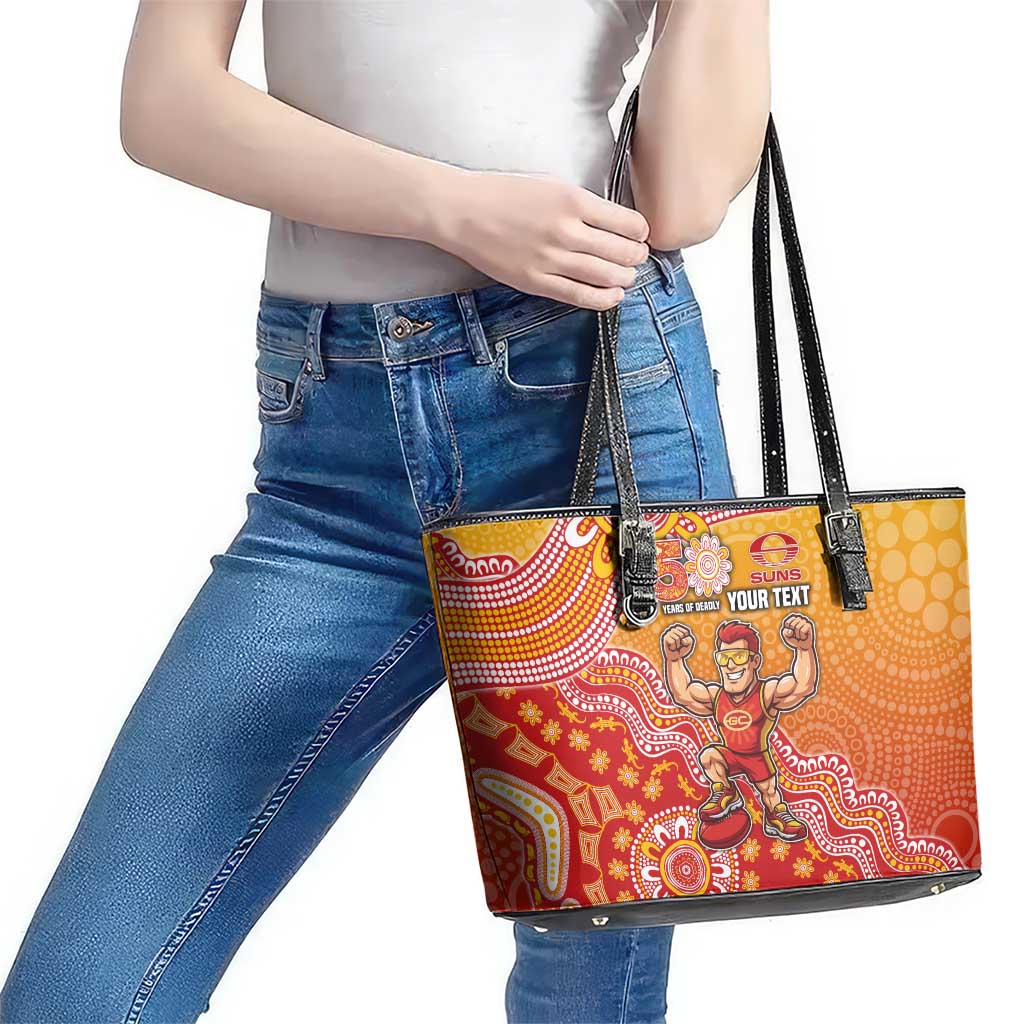 Personalized Suns Football Mascot Leather Tote Bag Aboriginal Dot Art Style Vibrant Indigenous Pattern Design