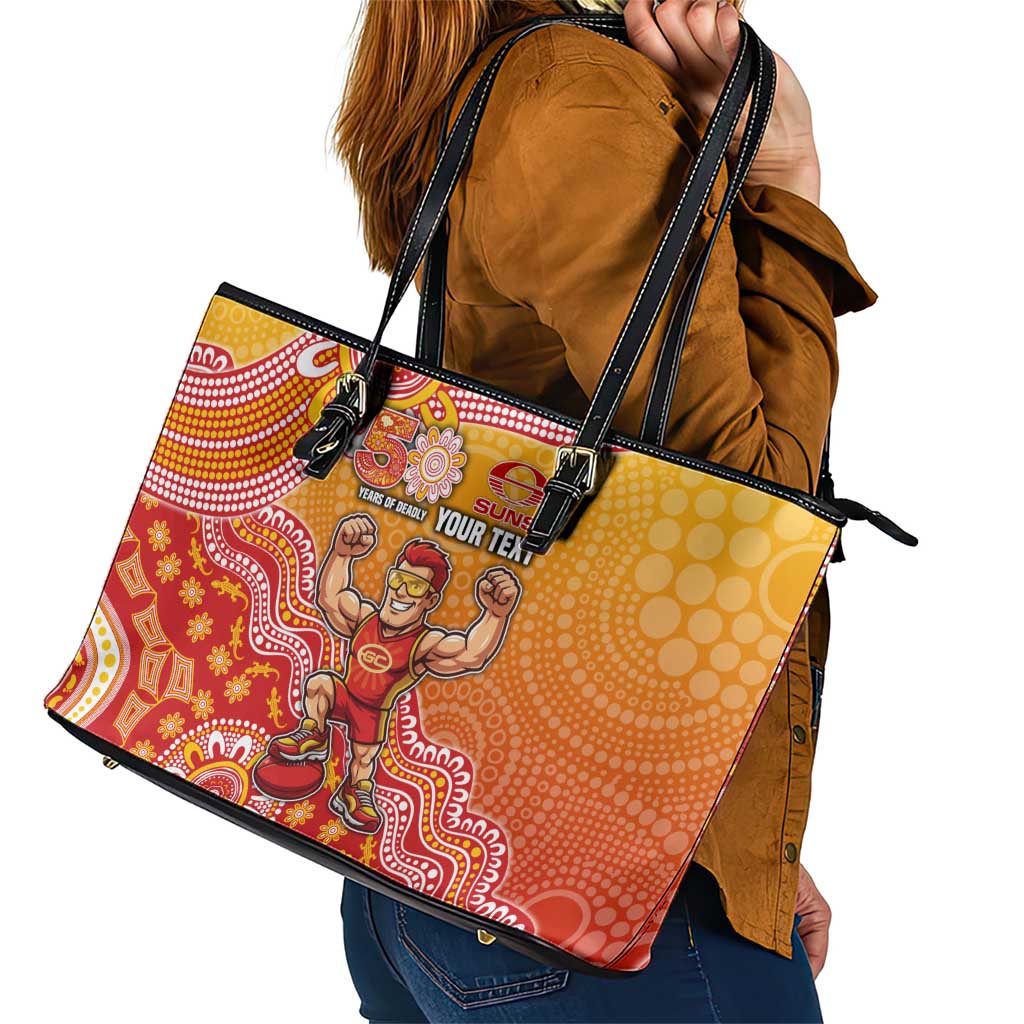 Personalized Suns Football Mascot Leather Tote Bag Aboriginal Dot Art Style Vibrant Indigenous Pattern Design