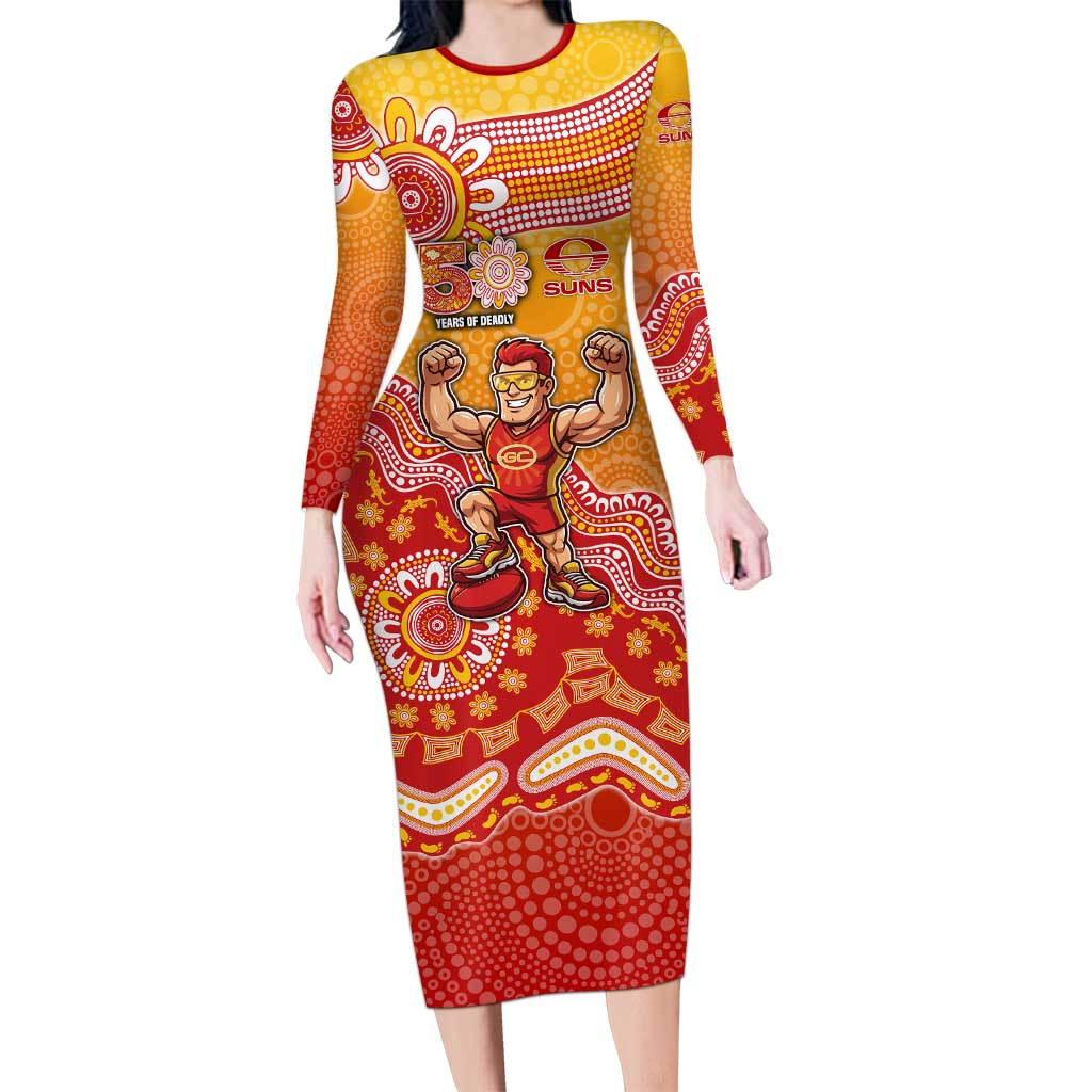 Personalized Suns Football Mascot Long Sleeve Bodycon Dress Aboriginal Dot Art Style Vibrant Indigenous Pattern Design