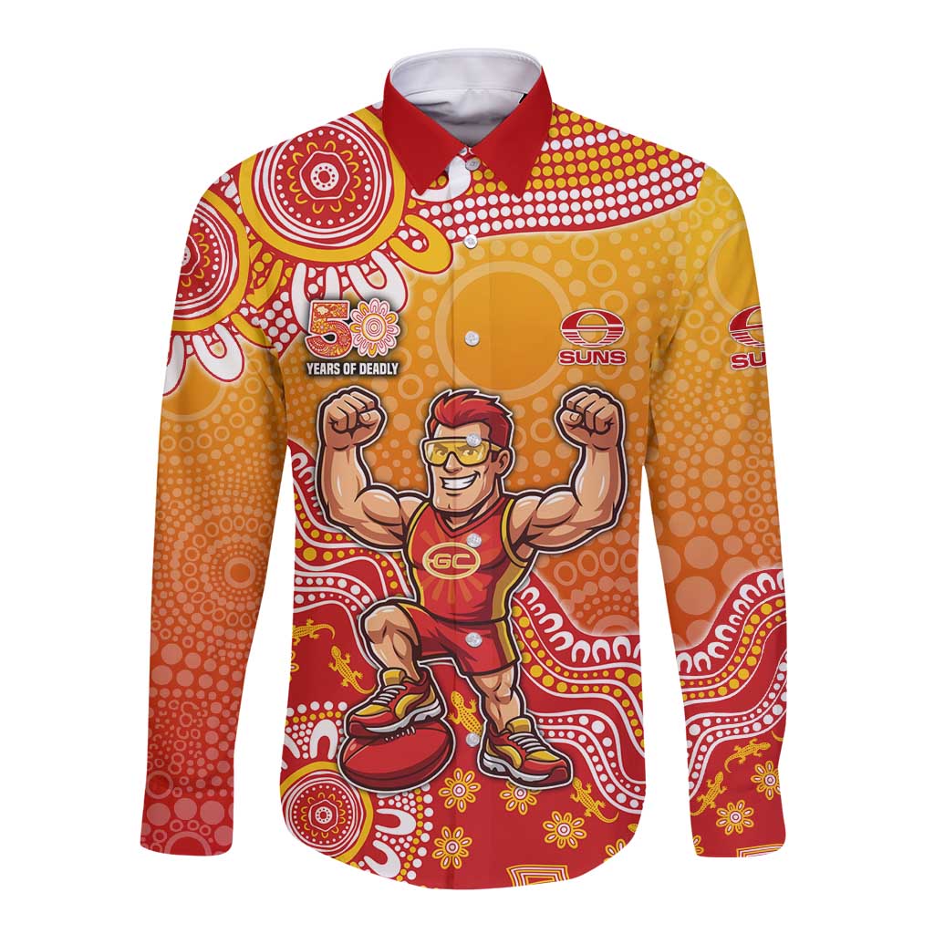 Personalized Suns Football Mascot Long Sleeve Button Shirt Aboriginal Dot Art Style Vibrant Indigenous Pattern Design
