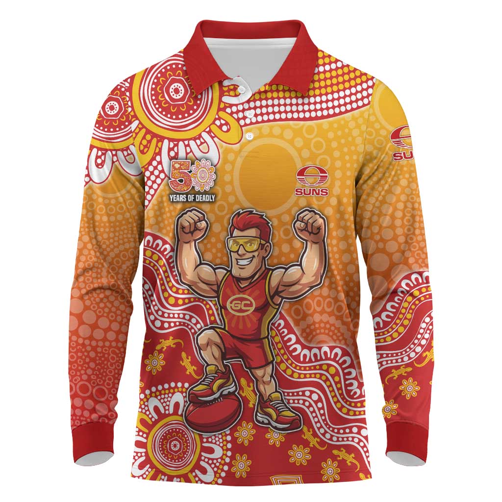 Personalized Suns Football Mascot Long Sleeve Polo Shirt Aboriginal Dot Art Style Vibrant Indigenous Pattern Design