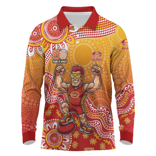Personalized Suns Football Mascot Long Sleeve Polo Shirt Aboriginal Dot Art Style Vibrant Indigenous Pattern Design