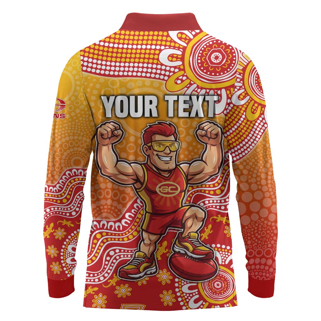 Personalized Suns Football Mascot Long Sleeve Polo Shirt Aboriginal Dot Art Style Vibrant Indigenous Pattern Design