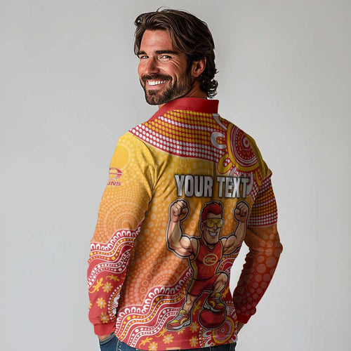 Personalized Suns Football Mascot Long Sleeve Polo Shirt Aboriginal Dot Art Style Vibrant Indigenous Pattern Design