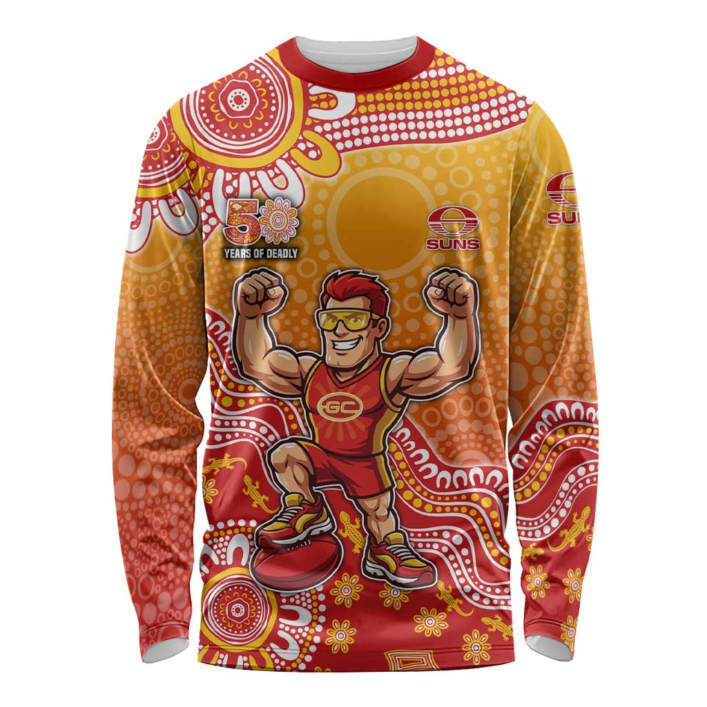 Personalized Suns Football Mascot Long Sleeve Shirt Aboriginal Dot Art Style Vibrant Indigenous Pattern Design
