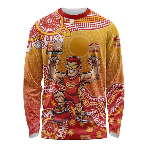 Personalized Suns Football Mascot Long Sleeve Shirt Aboriginal Dot Art Style Vibrant Indigenous Pattern Design