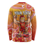 Personalized Suns Football Mascot Long Sleeve Shirt Aboriginal Dot Art Style Vibrant Indigenous Pattern Design
