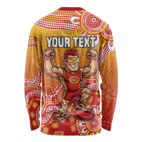 Personalized Suns Football Mascot Long Sleeve Shirt Aboriginal Dot Art Style Vibrant Indigenous Pattern Design
