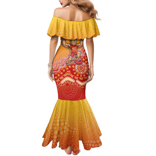 Personalized Suns Football Mascot Mermaid Dress Aboriginal Dot Art Style Vibrant Indigenous Pattern Design