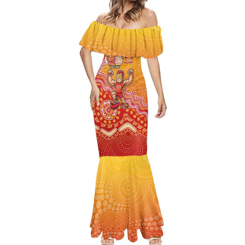 Personalized Suns Football Mascot Mermaid Dress Aboriginal Dot Art Style Vibrant Indigenous Pattern Design