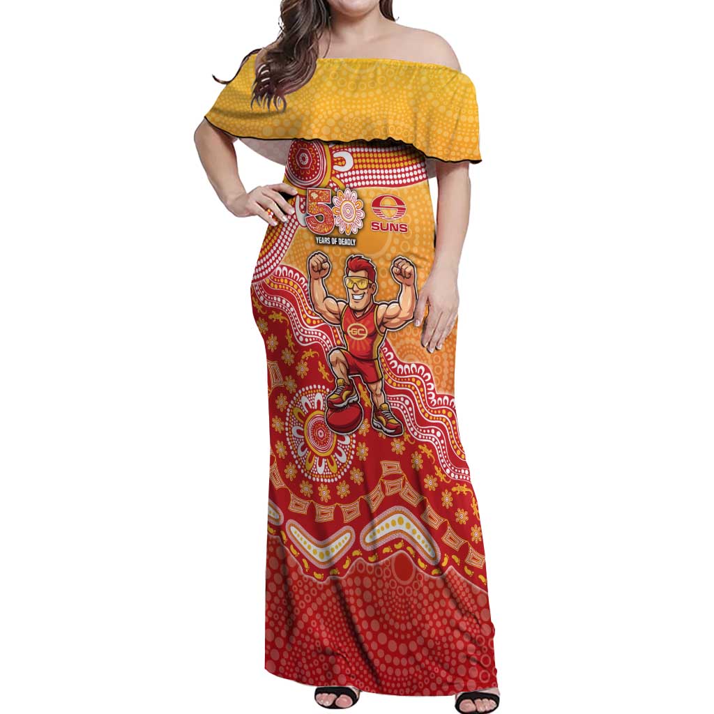 Personalized Suns Football Mascot Off Shoulder Maxi Dress Aboriginal Dot Art Style Vibrant Indigenous Pattern Design