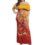 Personalized Suns Football Mascot Off Shoulder Maxi Dress Aboriginal Dot Art Style Vibrant Indigenous Pattern Design