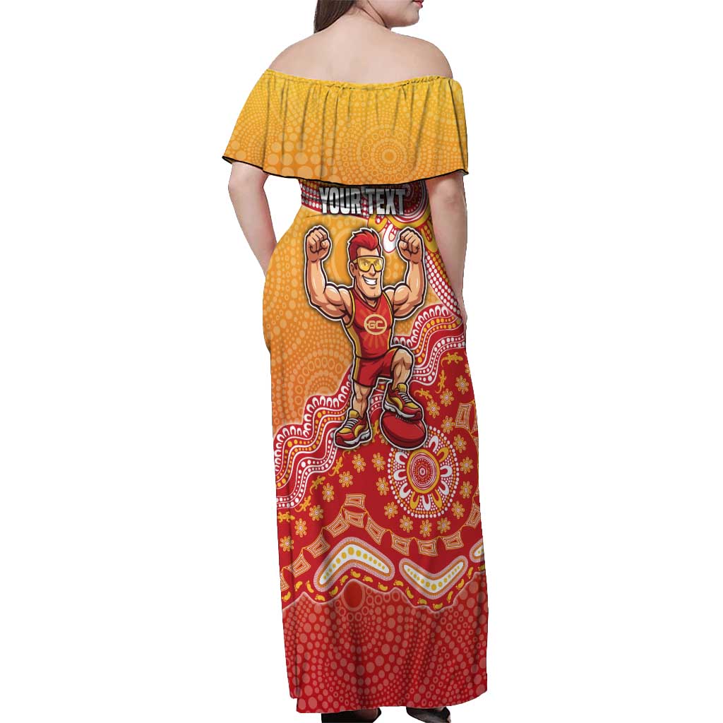 Personalized Suns Football Mascot Off Shoulder Maxi Dress Aboriginal Dot Art Style Vibrant Indigenous Pattern Design