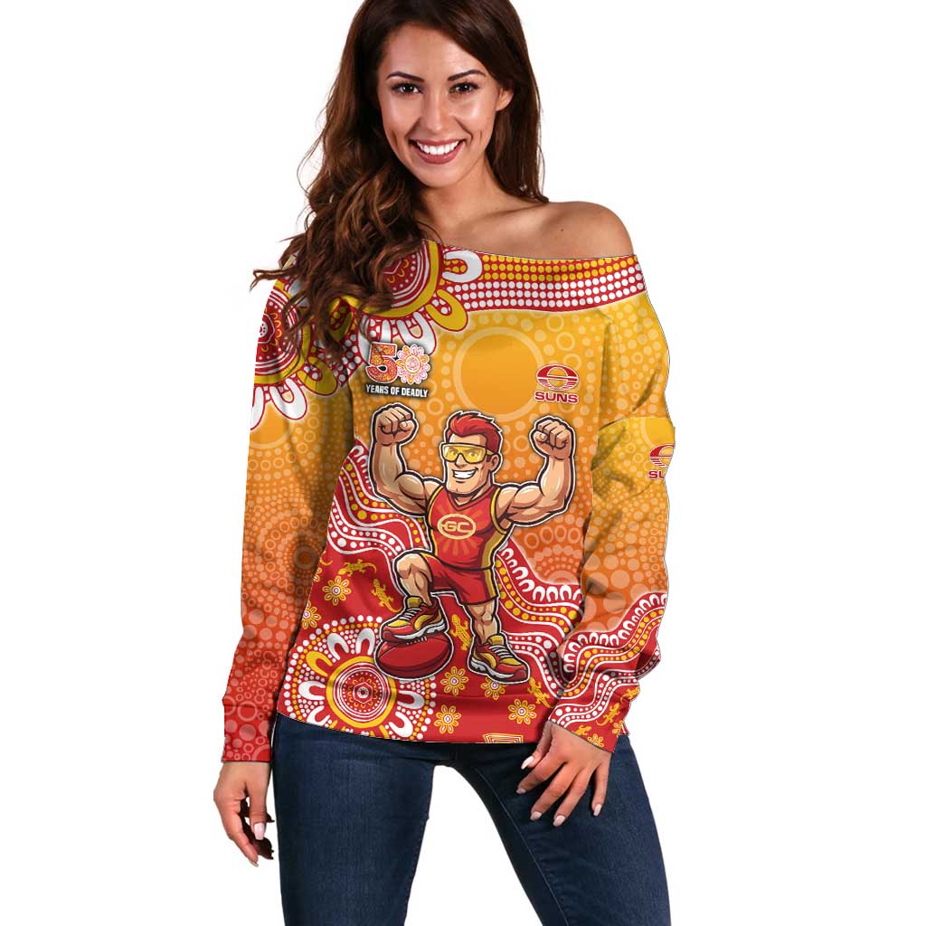 Personalized Suns Football Mascot Off Shoulder Sweater Aboriginal Dot Art Style Vibrant Indigenous Pattern Design