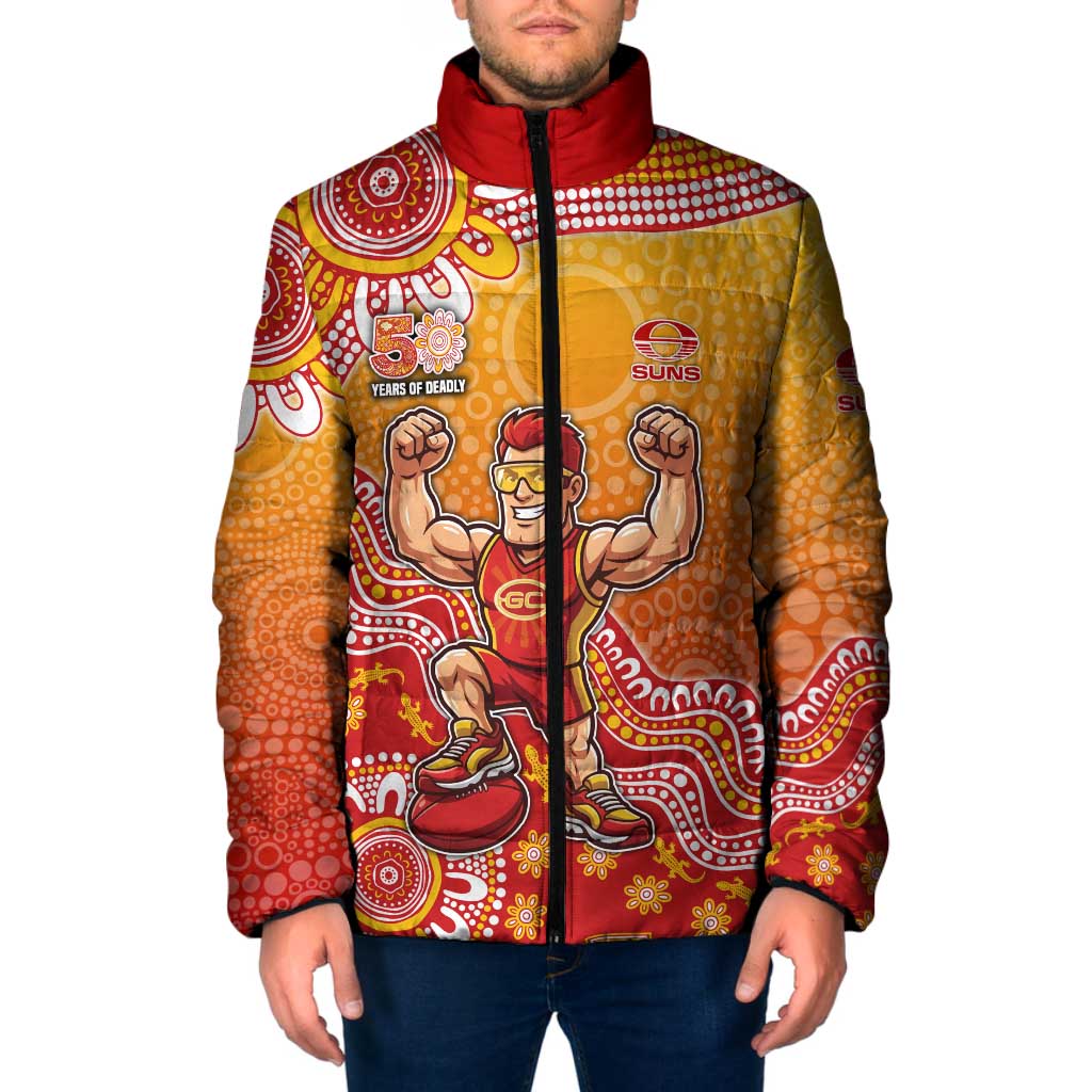 Personalized Suns Football Mascot Padded Jacket Aboriginal Dot Art Style Vibrant Indigenous Pattern Design