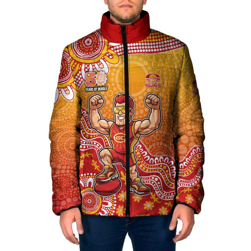 Personalized Suns Football Mascot Padded Jacket Aboriginal Dot Art Style Vibrant Indigenous Pattern Design