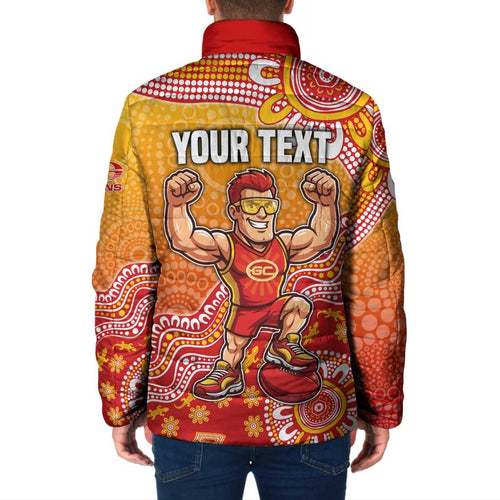 Personalized Suns Football Mascot Padded Jacket Aboriginal Dot Art Style Vibrant Indigenous Pattern Design