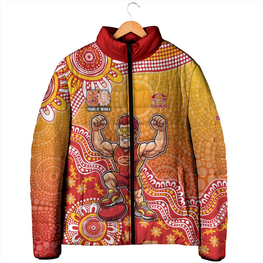 Personalized Suns Football Mascot Padded Jacket Aboriginal Dot Art Style Vibrant Indigenous Pattern Design