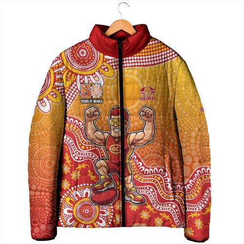 Personalized Suns Football Mascot Padded Jacket Aboriginal Dot Art Style Vibrant Indigenous Pattern Design