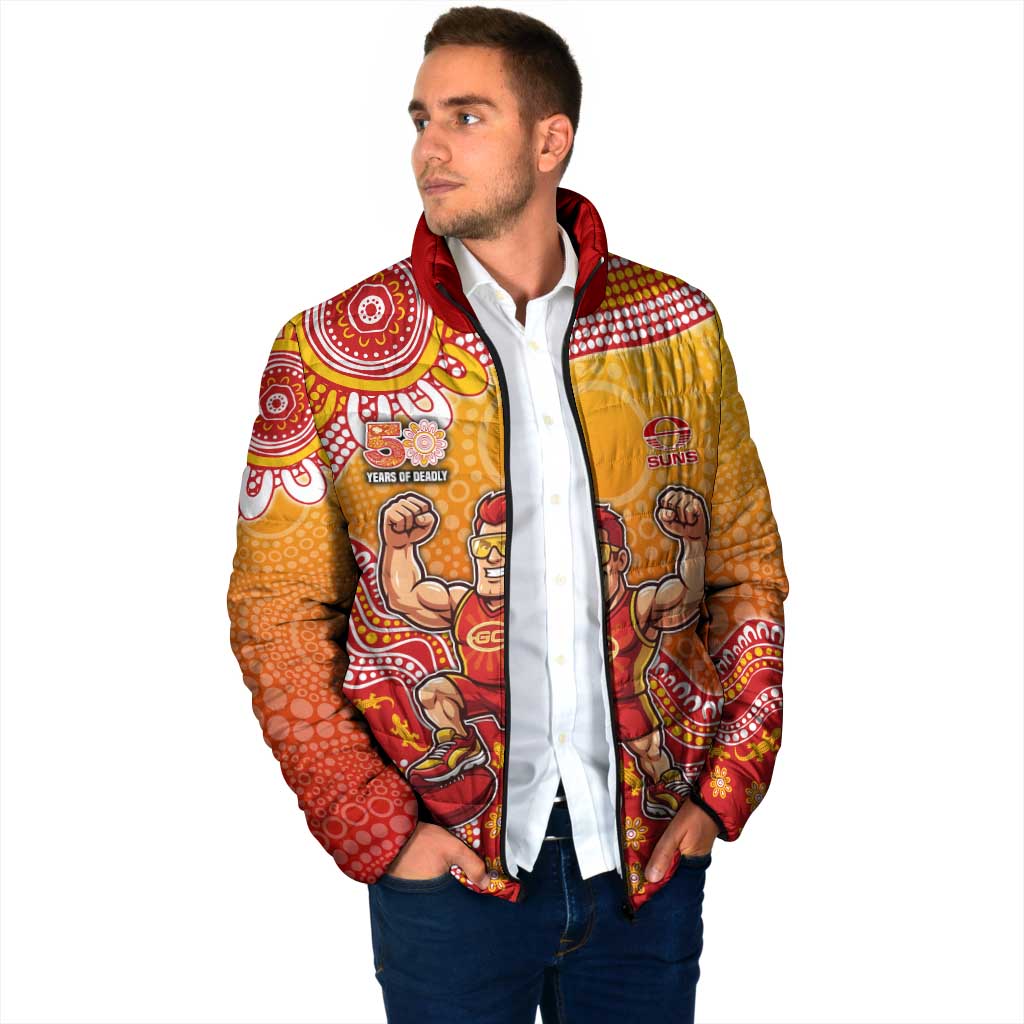 Personalized Suns Football Mascot Padded Jacket Aboriginal Dot Art Style Vibrant Indigenous Pattern Design