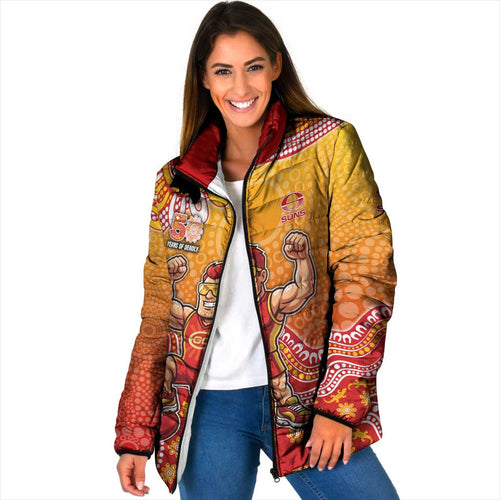 Personalized Suns Football Mascot Padded Jacket Aboriginal Dot Art Style Vibrant Indigenous Pattern Design