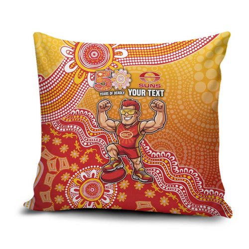 Personalized Suns Football Mascot Pillow Cover Aboriginal Dot Art Style Vibrant Indigenous Pattern Design