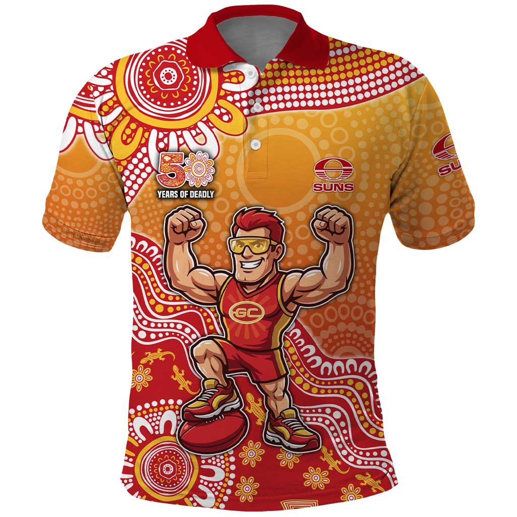 Personalized Suns Football Mascot Polo Shirt Aboriginal Dot Art Style Vibrant Indigenous Pattern Design