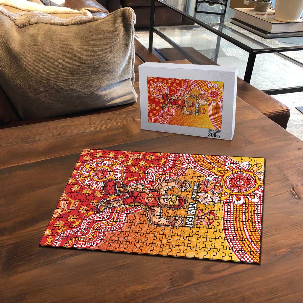 Personalized Suns Football Mascot Puzzle Aboriginal Dot Art Style Vibrant Indigenous Pattern Design