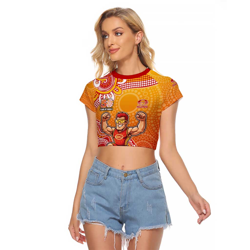 Personalized Suns Football Mascot Raglan Cropped T Shirt Aboriginal Dot Art Style Vibrant Indigenous Pattern Design