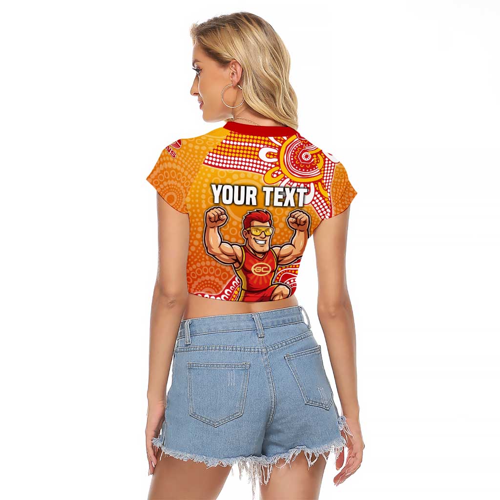 Personalized Suns Football Mascot Raglan Cropped T Shirt Aboriginal Dot Art Style Vibrant Indigenous Pattern Design