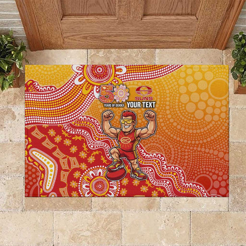 Personalized Suns Football Mascot Rubber Doormat Aboriginal Dot Art Style Vibrant Indigenous Pattern Design