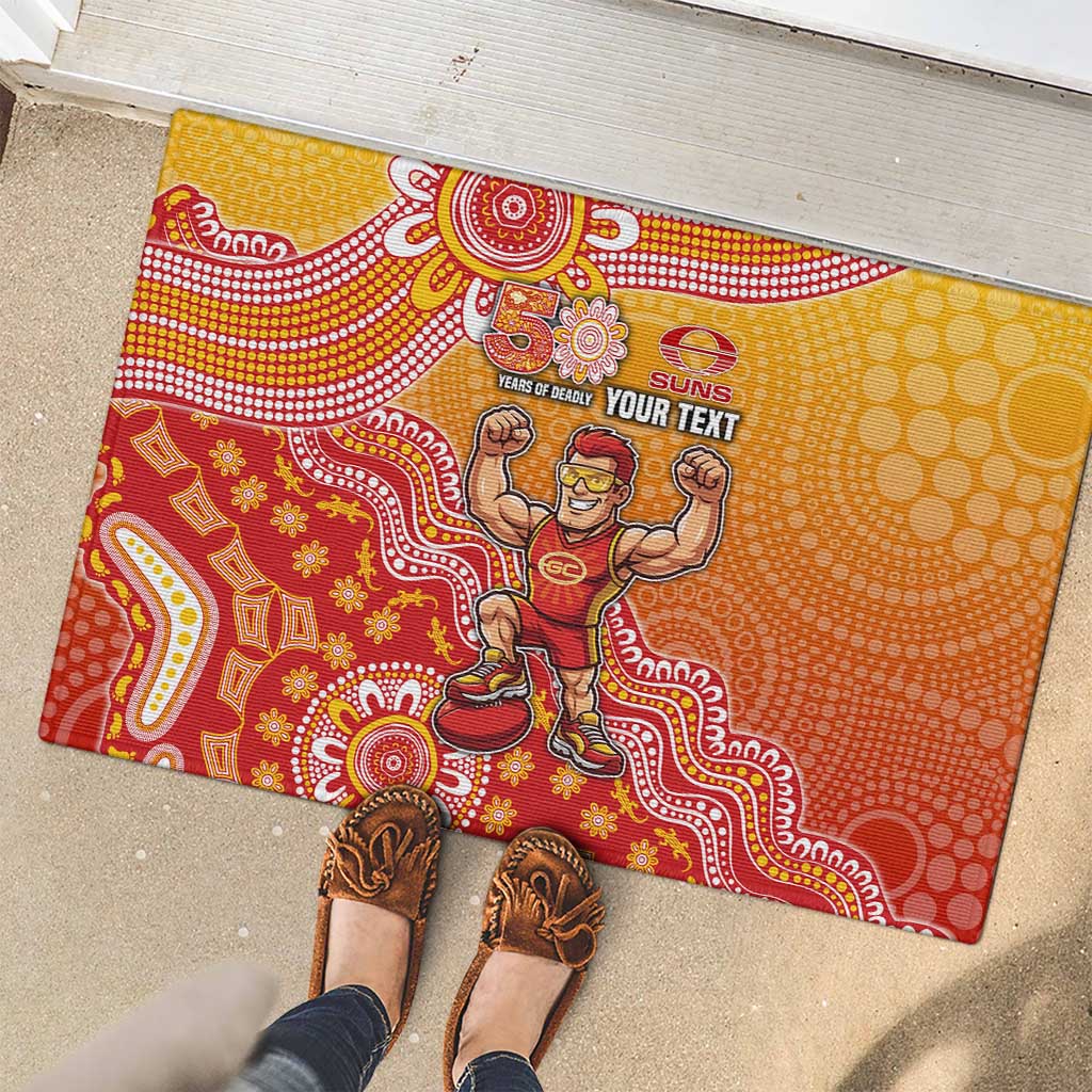 Personalized Suns Football Mascot Rubber Doormat Aboriginal Dot Art Style Vibrant Indigenous Pattern Design