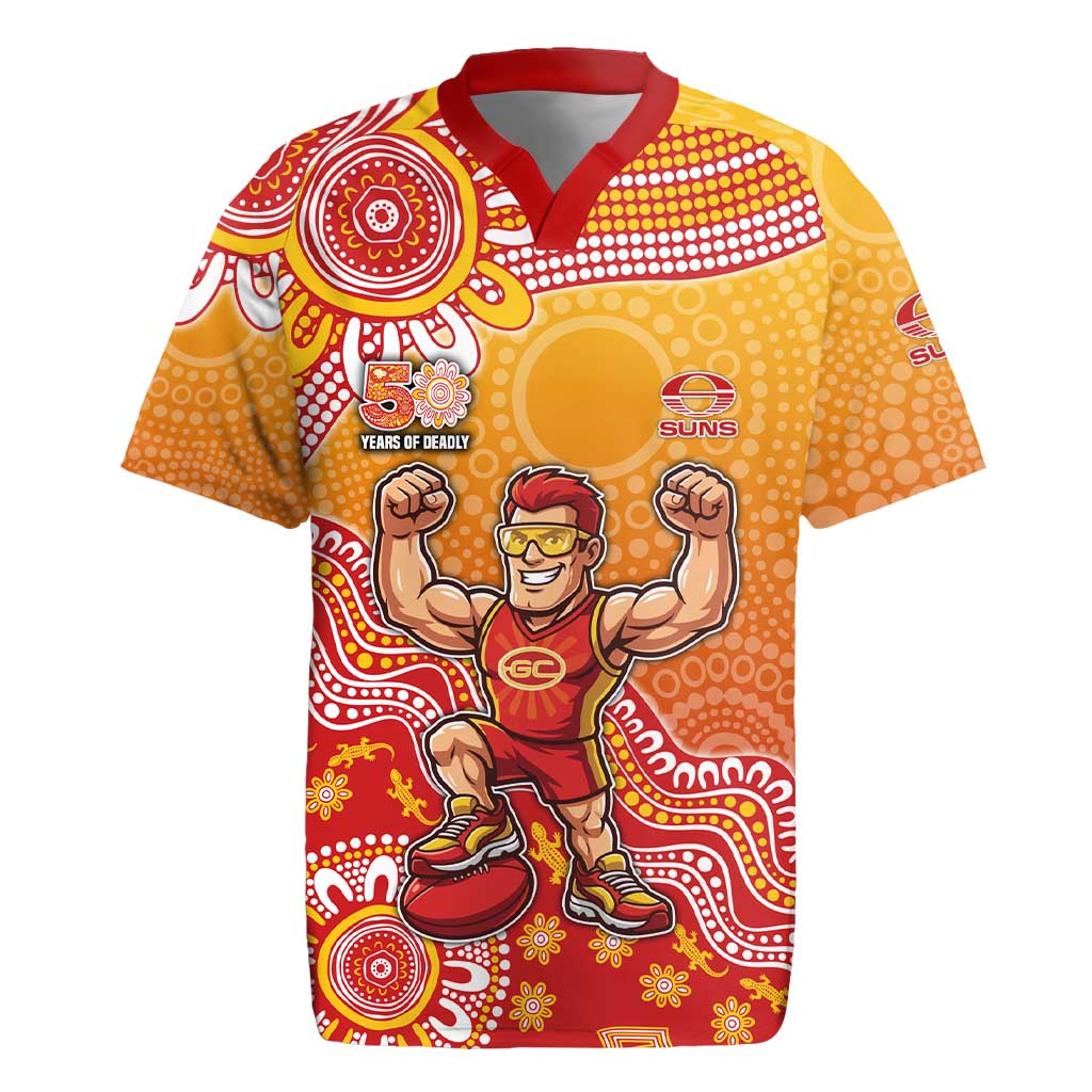 Personalized Suns Football Mascot Rugby Jersey Aboriginal Dot Art Style Vibrant Indigenous Pattern Design