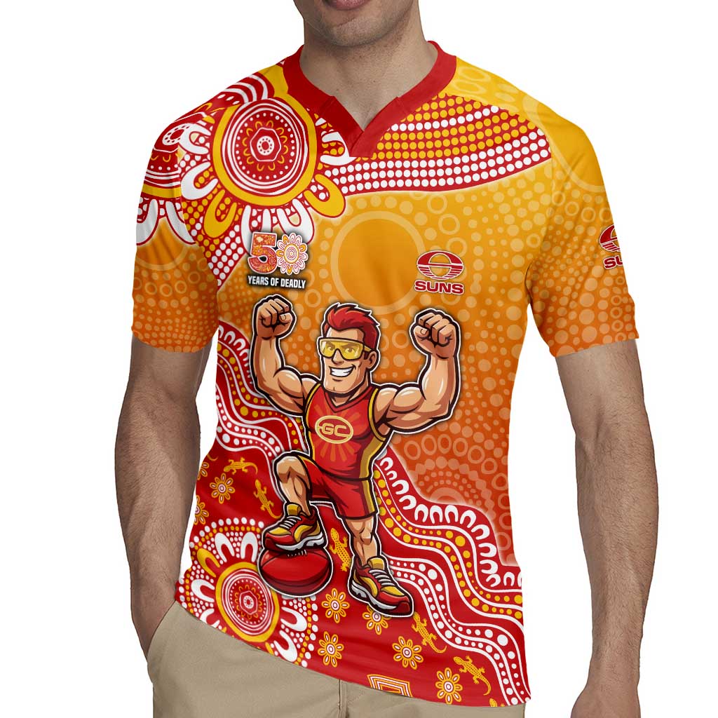 Personalized Suns Football Mascot Rugby Jersey Aboriginal Dot Art Style Vibrant Indigenous Pattern Design