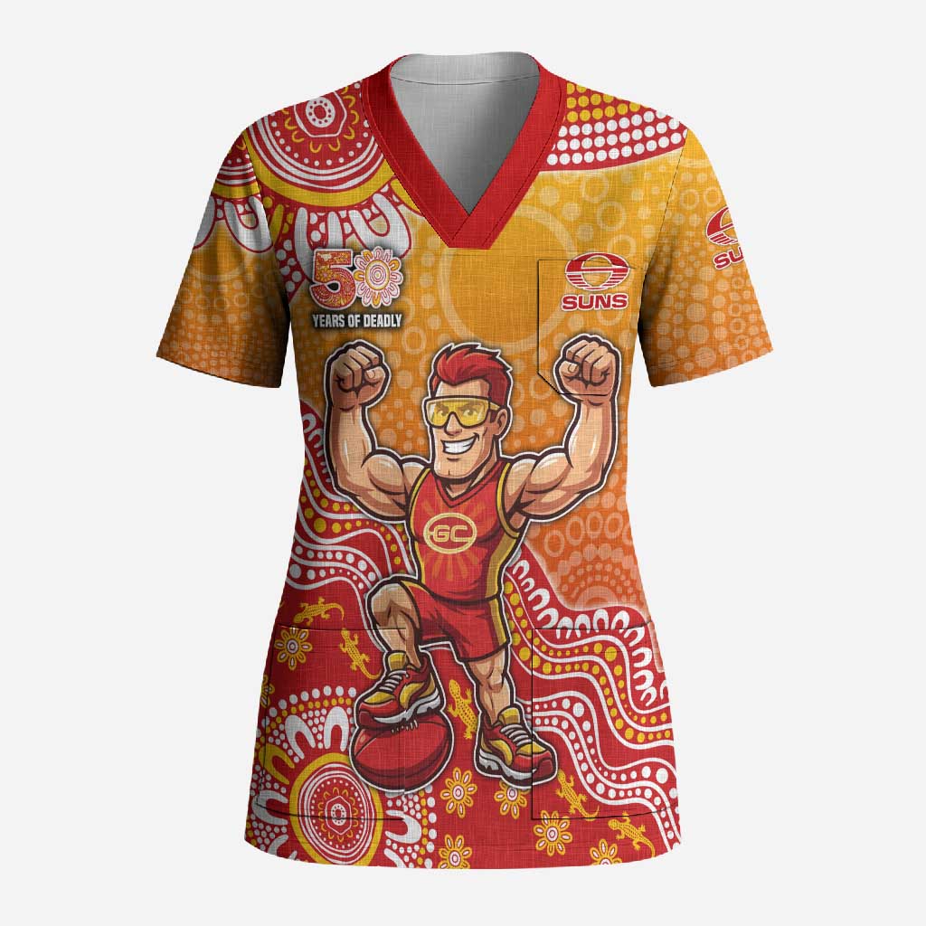 Personalized Suns Football Mascot Scrub Top Aboriginal Dot Art Style Vibrant Indigenous Pattern Design