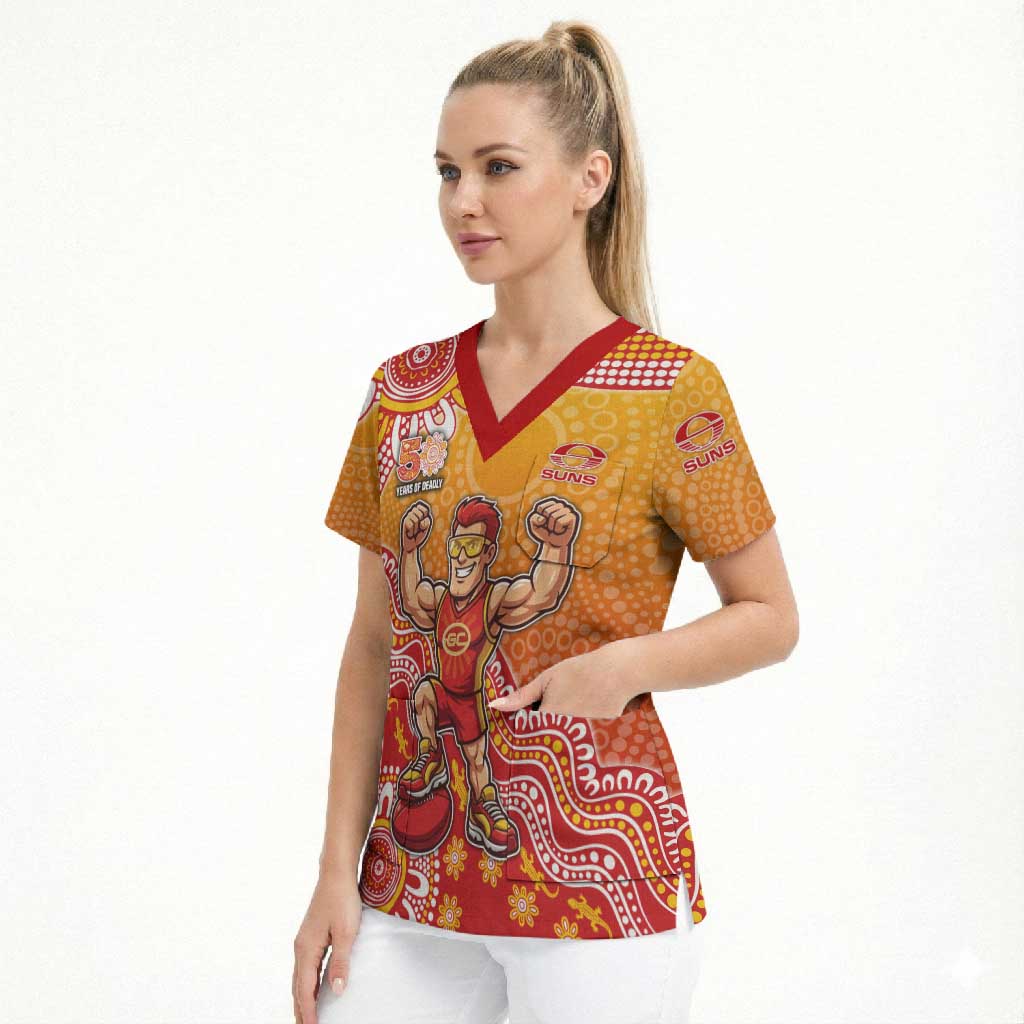 Personalized Suns Football Mascot Scrub Top Aboriginal Dot Art Style Vibrant Indigenous Pattern Design