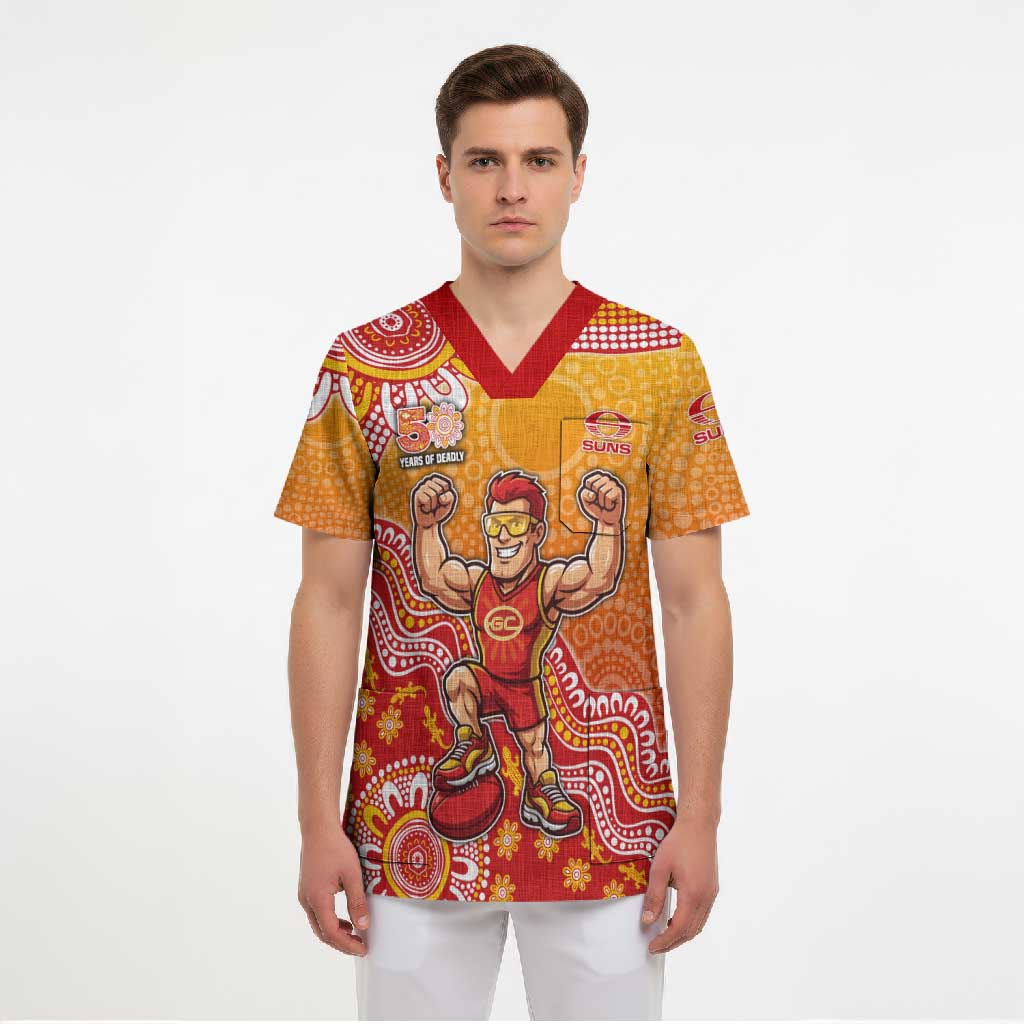Personalized Suns Football Mascot Scrub Top Aboriginal Dot Art Style Vibrant Indigenous Pattern Design