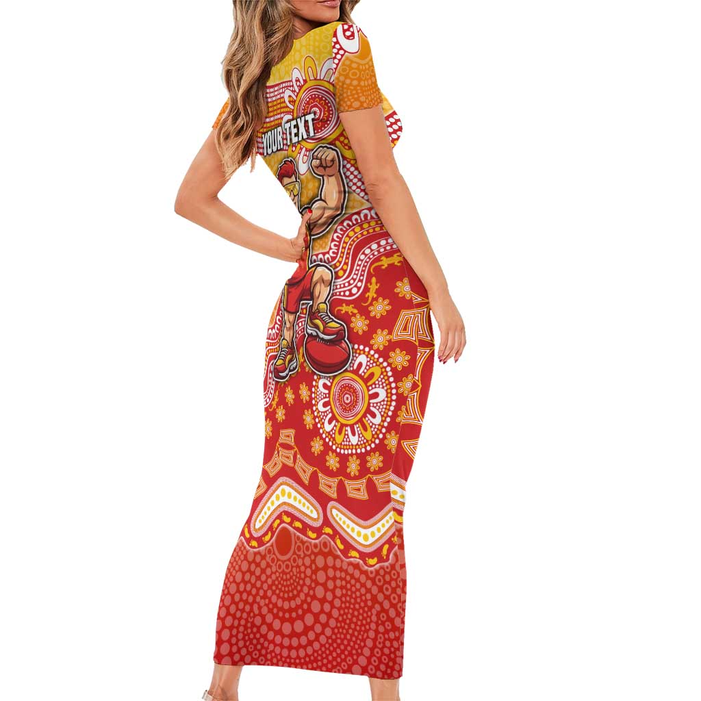 Personalized Suns Football Mascot Short Sleeve Bodycon Dress Aboriginal Dot Art Style Vibrant Indigenous Pattern Design