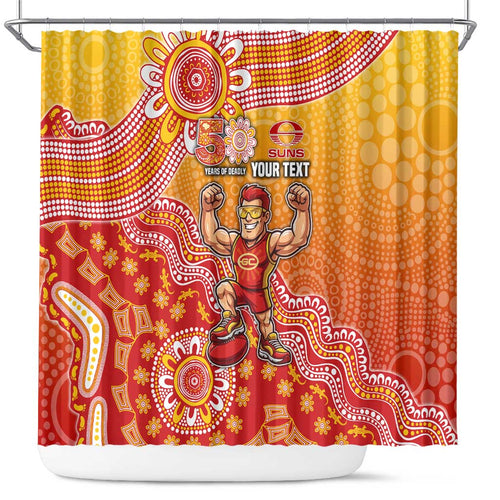 Personalized Suns Football Mascot Shower Curtain Aboriginal Dot Art Style Vibrant Indigenous Pattern Design