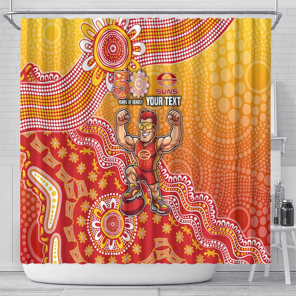 Personalized Suns Football Mascot Shower Curtain Aboriginal Dot Art Style Vibrant Indigenous Pattern Design