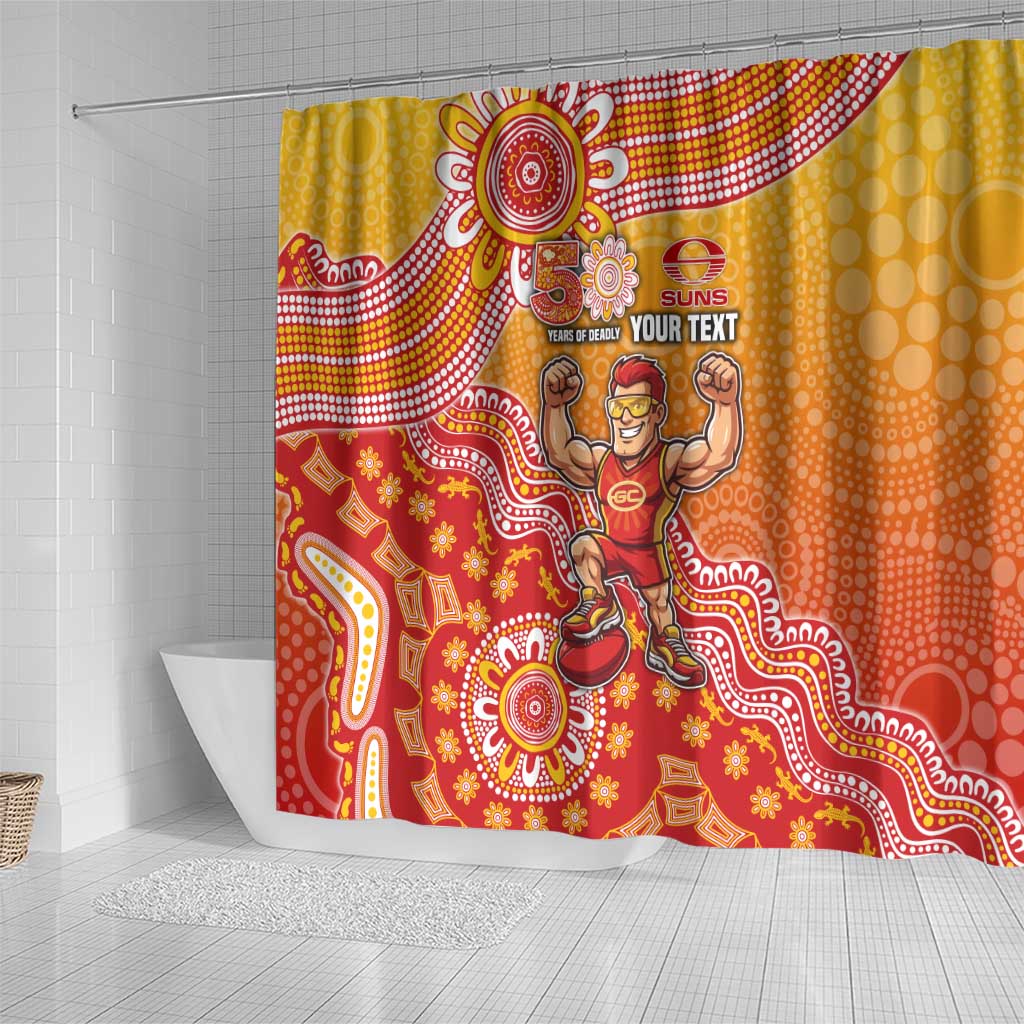 Personalized Suns Football Mascot Shower Curtain Aboriginal Dot Art Style Vibrant Indigenous Pattern Design