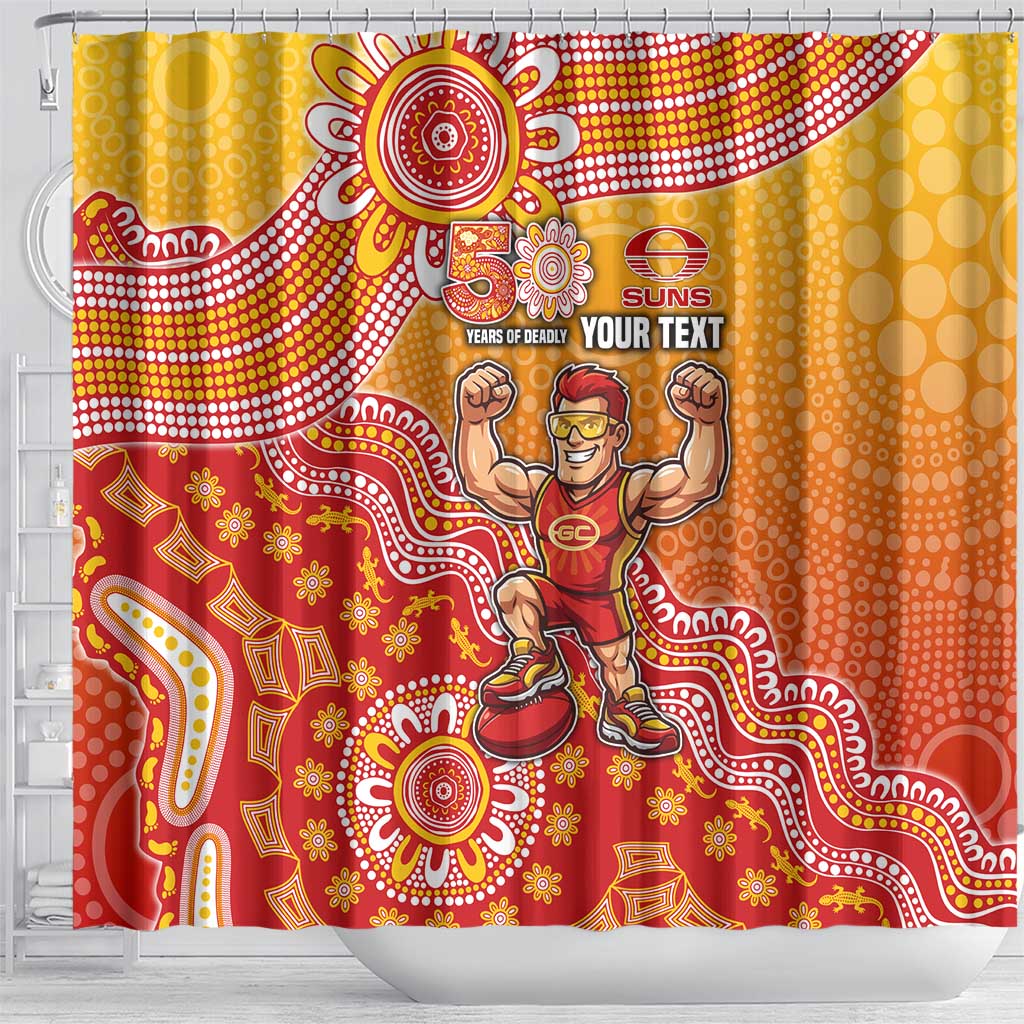 Personalized Suns Football Mascot Shower Curtain Aboriginal Dot Art Style Vibrant Indigenous Pattern Design