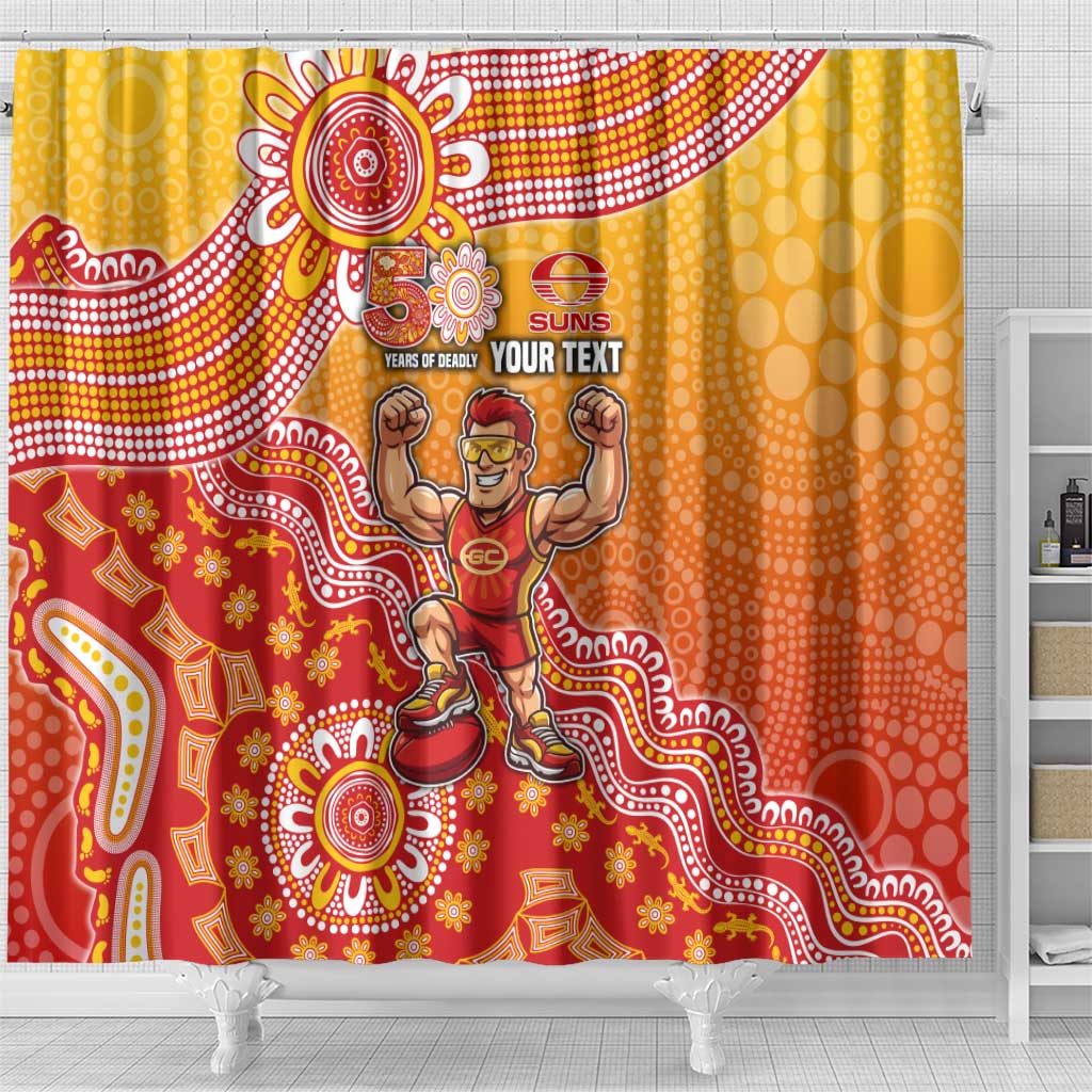 Personalized Suns Football Mascot Shower Curtain Aboriginal Dot Art Style Vibrant Indigenous Pattern Design