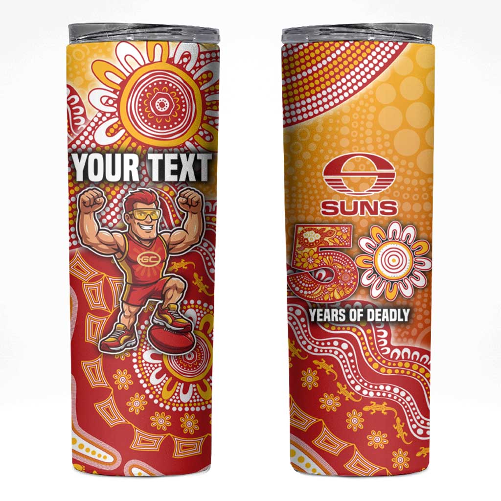 Personalized Suns Football Mascot Skinny Tumbler Aboriginal Dot Art Style Vibrant Indigenous Pattern Design