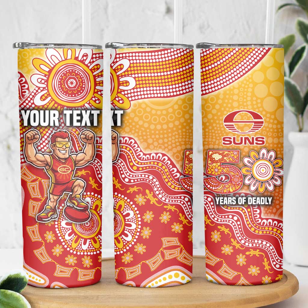 Personalized Suns Football Mascot Skinny Tumbler Aboriginal Dot Art Style Vibrant Indigenous Pattern Design