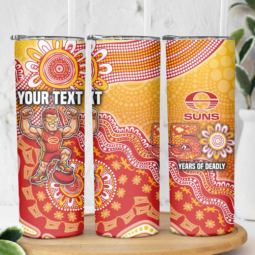 Personalized Suns Football Mascot Skinny Tumbler Aboriginal Dot Art Style Vibrant Indigenous Pattern Design