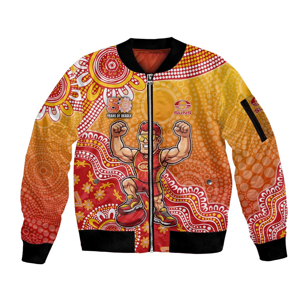 Personalized Suns Football Mascot Sleeve Zip Bomber Jacket Aboriginal Dot Art Style Vibrant Indigenous Pattern Design