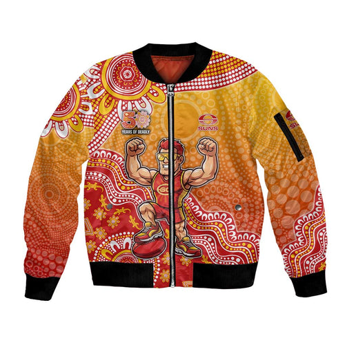 Personalized Suns Football Mascot Sleeve Zip Bomber Jacket Aboriginal Dot Art Style Vibrant Indigenous Pattern Design